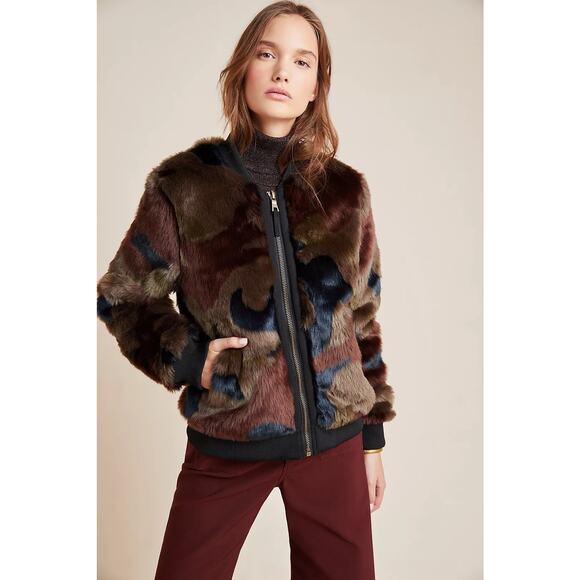 Marrakech Jackets & Blazers - Marrakech SzXS Camo Faux Fur Zip Up Brown Black Long Sleeve Winter Bomber Jacket